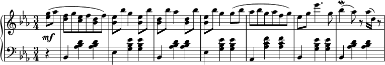 
 \relative c' {
  \new PianoStaff <<
   \new Staff { \key c \minor \time 3/4  \set Score.tempoHideNote = ##t
     \tempo "" 2. = 64
    \tempo \markup {
     \column {
 }
   }
      \partial 4 <ees' g>8( aes <d, f> g <c, ees> f <bes, d> f') <bes, ees> bes' g4 <bes, ees>8 bes' <bes, d> bes' aes4 <bes, d>8 bes' <bes, ees> bes' g4 g8( bes aes bes g aes f g) ees g ees'4. g,8 bes4\mordent( aes8) r aes16( d,) r8
   }
   \new Dynamics {
    s\mf
      }
   \new Staff { \key c \minor \time 3/4 \clef bass
      r4 bes,, <aes' bes d> <aes bes d> ees <g bes ees> <g bes ees> bes, <aes' bes d> <aes bes d> ees <g bes ees> <g bes ees> aes, <aes' c f> <aes c f> bes, <g' bes ees> <g bes ees> bes, <aes' bes d> <aes bes d>
   }
  >>
 }
