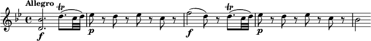 
\relative c'' {
  \override Score.NonMusicalPaperColumn #'line-break-permission = ##f
  \version "2.18.2"
  \key bes \major
  \tempo "Allegro"
  \tempo 4 = 140
  <bes d,>2.\f d8.\trill( c32 d) |
  es8\p r d r es r c r |
  f2\f (d8) r d8.\trill( c32 d) |
  es8\p r d r es r c r |
  bes2
}
