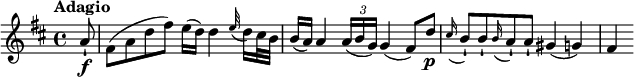 
\relative c' {
\version "2.18.2"
\key d \major
\time 4/4
\tempo "Adagio"
\tempo 4 = 50
\partial 8 a'8-!\f fis8 (a d fis) e16 (d) d4 \appoggiatura e32 d16 cis32 b32 b16 (a) a4 \tuplet 3/2 {a16 (b g)} g4 (fis8) d'\p \appoggiatura cis16 b8-! b8-! \appoggiatura b16 a8-! a-! gis4 (g) fis}
