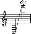  { \override Score.TimeSignature #'stencil = ##f
    c2 \glissando \ottava #1 g''''2 }
