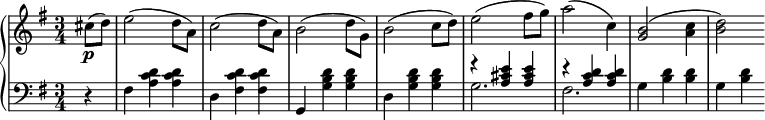 
\new PianoStaff <<
\new Staff{ \key e \minor \time 3/4 \set Score.tempoHideNote = ##t \tempo 2. = 56 \relative c' { \partial 4 cis'8(\p d) e2( d8 a) c2( d8 a) b2( d8 g,) b2( c8 d) e2( fis8 g) a2( c,4) <g b>2( <a c>4 <b d>2) } }
\new Staff{\clef bass \key e \minor \time 3/4 \partial 4 \relative c {r4 fis4 <a c d> q d, <fis c' d> q g, <g' b d> q d <g b d> q 
<<
{r4 <a cis e> q r <a c d> q }
\\
{g2. fis}
>>
g4 <b d> q g <b d>}}>> 
