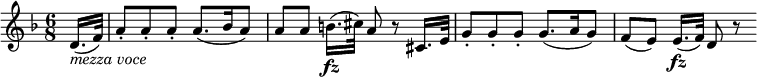  { \relative d' { \key d \minor \time 6/8
\partial 8 d16.( _\markup { \italic "mezza voce" } f32) | a8-. a-. a-. a8.( bes16 a8) |
a8[ a] b16.( \fz cis32) a8 r cis,16. e32) | g8-. g-. g-. g8.( a16 g8) | f8([ e)] e16.( \fz f32) d8 r
}}
\layout { \context {\Score \override SpacingSpanner.common-shortest-duration = #(ly:make-moment 1/16) }}

