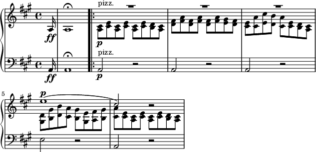  \layout { ragged-right = ##t }
\new PianoStaff { <<
    \new Staff \relative a {
      \key a \major \time 4/4 \clef "treble"
      \partial 16 a16 \ff | a1 \fermata \bar ".|:"
      << \new Voice \relative e'' {
          \stemUp \slurUp \override MultiMeasureRest.staff-position = #4
          R |R | R | e1( ^\p | cis2) r }
         \new Voice \relative a {
          \stemDown <cis a>8 \p ^"pizz." <e cis> <cis a> <e cis> <cis a> <e cis> <d b> <cis a>
          <fis d>8 <a fis> <fis d> <a fis> <fis d> <a fis> <gis e> <fis d>
          <e cis>8 <a cis,> <cis e,> <b d,> <a cis,> <e cis> <d b> <cis a>
          <d gis,>8 <gis b,> <b d,> <a cis,> <gis b,> <e gis,> <fis a,> <gis b,>
          <a cis,>8 <e cis> <cis a> <e cis> <cis a> <e cis> <d b> <cis a> } >> }
    \new Staff \relative a, {
      \key a \major \time 4/4 \clef "bass"
      \partial 16 a16 \ff | a1 \fermata \bar ".|:"
      a2 \p ^"pizz." r | a2 r| a2 r | e'2 r | a,2 r }
  >> } 