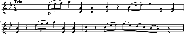 
 \relative c'' { 
         \version "2.18.2"
         \clef "treble" 
         \tempo "Trio" 
         \key bes \major
         \time 3/4
         \tempo 4 = 110
      s2 \tuplet 3/2 {f8\p (g a)} 
      bes4 <d,, bes'> <d bes'>
      <ees c'> r4  \tuplet 3/2 {c'8 (ees f)}
      g4 <ees, a> <ees a>
      <d bes'> r4 \tuplet 3/2 {f'8 (g a)} 
      bes4 <d,, bes'> <d bes'>
      <ees c'> r4  \tuplet 3/2 {c'8 (ees f)}
      g8 (ees) d (c) bes (a)
      <d, bes'>2 \bar ":|."
}
