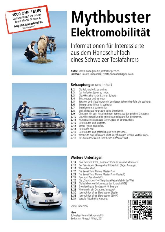 Bucheinband von 'Mythbuster Elektromobilität - Informationen für Interessierte aus dem Handschuhfach eines Schweizer Teslafahrers'
