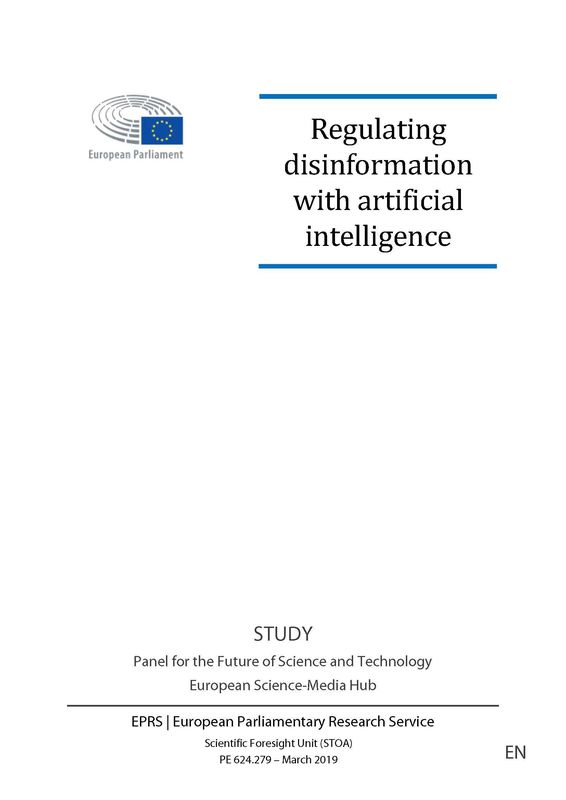 Cover of the book 'Regulating disinformation with artificial intelligence - Effects of disinformation initiatives on freedom of expression and media pluralism'