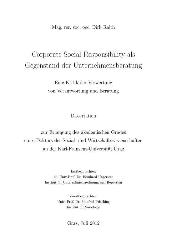 Cover of the book 'Corporate Social Responsibility als Gegenstand der Unternehmensberatung - Eine Kritik der Verwertung von Verantwortung und Beratung'