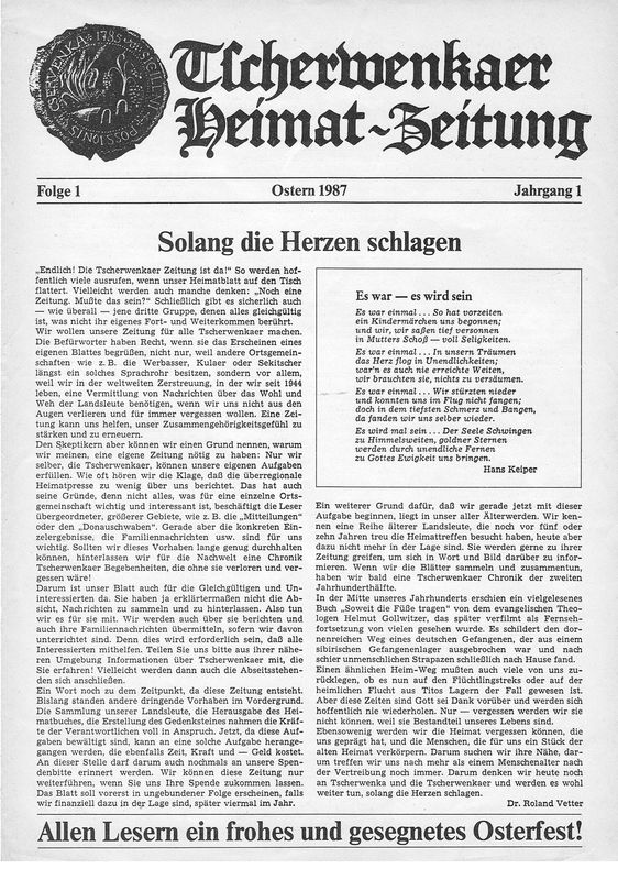 Cover of the book 'Tscherwenkaer Heimat-Zeitung - Solang die Herzen schlagen, Volume 1'