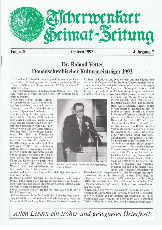 Bucheinband von 'Tscherwenkaer Heimat-Zeitung - Dr. Ronald Vetter Donauschwäbischer Kulturpreisträger 1992, Band 20'