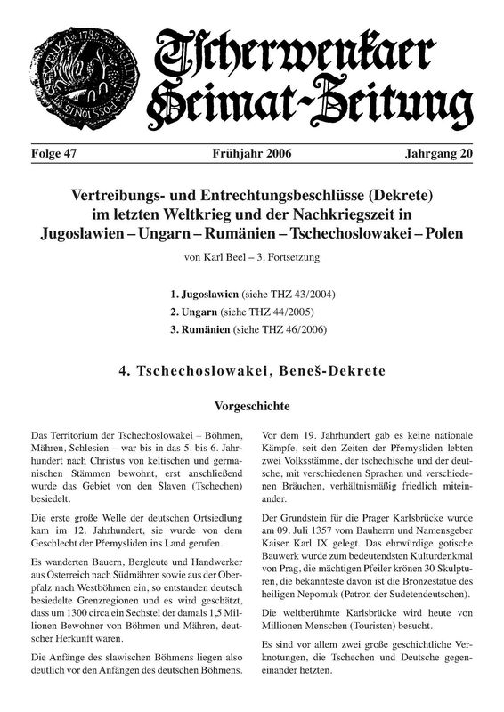 Bucheinband von 'Tscherwenkaer Heimat-Zeitung - Vertreibungs- und Entrechtigungsbeschlüsse (Dekrete) im letzten Weltkrieg und der Nachkriegszeit in Jugoslawien- Ungarn- Rumänien- Tschechoslowakei- Polen, Band 47'