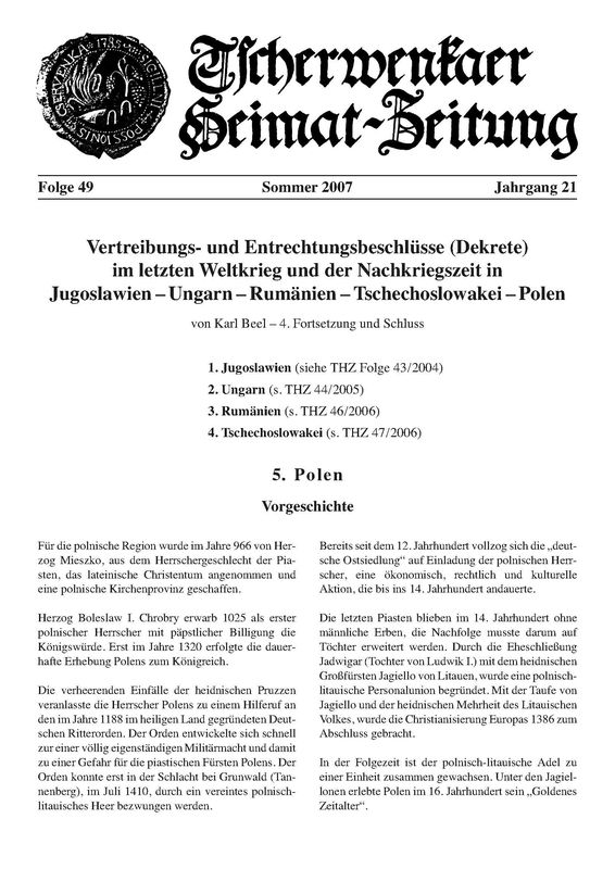 Bucheinband von 'Tscherwenkaer Heimat-Zeitung - Vertreibungs- und Entrechtigungsbeschlüsse (Dekrete) im letzten Weltkrieg und der Nachkriegszeit in Jugoslawien- Ungarn- Rumänien- Tschechoslowakei- Polen, Band 49'