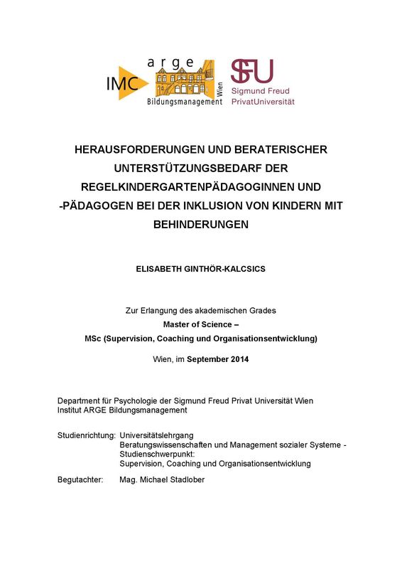 Cover of the book 'Herausforderungen und Beraterischer Unterstützungsbedarf der Regelkindergartenpädagoginnen und -Pädagogen bei der Inklusion von Kindern mit Behinderungen'