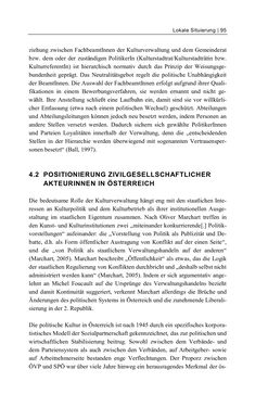 Image of the Page - 95 - in Cultural Governance in Österreich - Eine interpretative Policy-Analyse zu kulturpolitischen Entscheidungsprozessen in Linz und Graz
