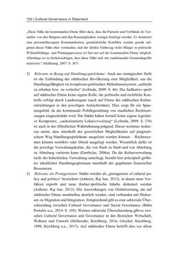 Bild der Seite - 102 - in Cultural Governance in Österreich - Eine interpretative Policy-Analyse zu kulturpolitischen Entscheidungsprozessen in Linz und Graz