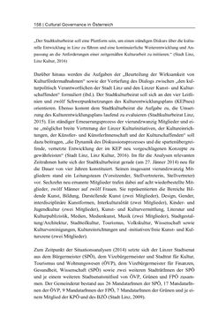 Bild der Seite - 158 - in Cultural Governance in Österreich - Eine interpretative Policy-Analyse zu kulturpolitischen Entscheidungsprozessen in Linz und Graz