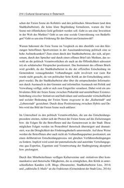 Image of the Page - 214 - in Cultural Governance in Österreich - Eine interpretative Policy-Analyse zu kulturpolitischen Entscheidungsprozessen in Linz und Graz