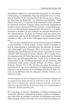 Bild der Seite - 255 - in Cultural Governance in Österreich - Eine interpretative Policy-Analyse zu kulturpolitischen Entscheidungsprozessen in Linz und Graz
