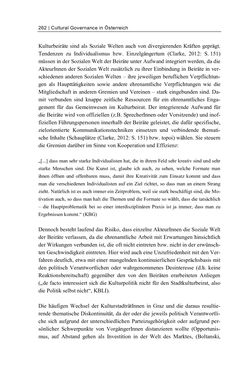 Image of the Page - 262 - in Cultural Governance in Österreich - Eine interpretative Policy-Analyse zu kulturpolitischen Entscheidungsprozessen in Linz und Graz