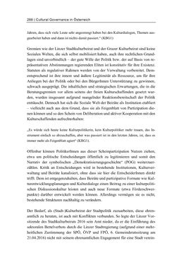 Bild der Seite - 266 - in Cultural Governance in Österreich - Eine interpretative Policy-Analyse zu kulturpolitischen Entscheidungsprozessen in Linz und Graz