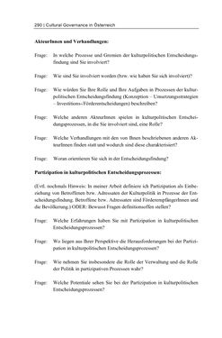 Bild der Seite - 290 - in Cultural Governance in Österreich - Eine interpretative Policy-Analyse zu kulturpolitischen Entscheidungsprozessen in Linz und Graz