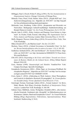 Image of the Page - 298 - in Cultural Governance in Österreich - Eine interpretative Policy-Analyse zu kulturpolitischen Entscheidungsprozessen in Linz und Graz