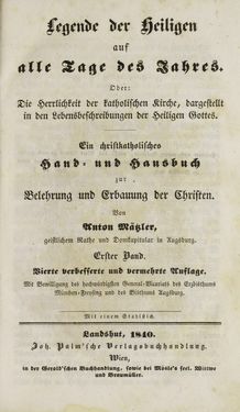 Image of the Page - (000003) - in Legenden der Heiligen auf alle Tage des Jahres - Die Herrlichkeit der katholischen Kirche, dargestellt in den Lebensbeschriebungen der Heiligen Gottes, Volume 1