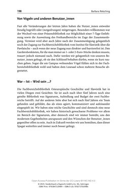 Bild der Seite - 198 - in Menschen im Aufbruch - Universitätsbibliothek und Archiv der Universität Wien im Selbstverständnis ihrer Mitarbeiter_innen