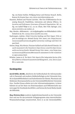 Bild der Seite - 235 - in Publikationsberatung an Universitäten - Ein Praxisleitfaden zum Aufbau publikationsunterstützender Services