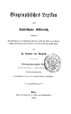 Bild der Seite - (000001) - in Biographisches Lexikon des Kaiserthums Oesterreich - Rosenberg-Rzikkowsky, Band 27